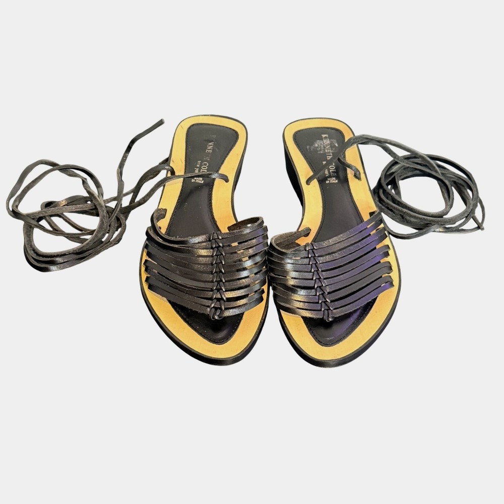 Kenneth Cole Black Leather Lace Up Gladiator Sandals Womens 35 Strappy Italy